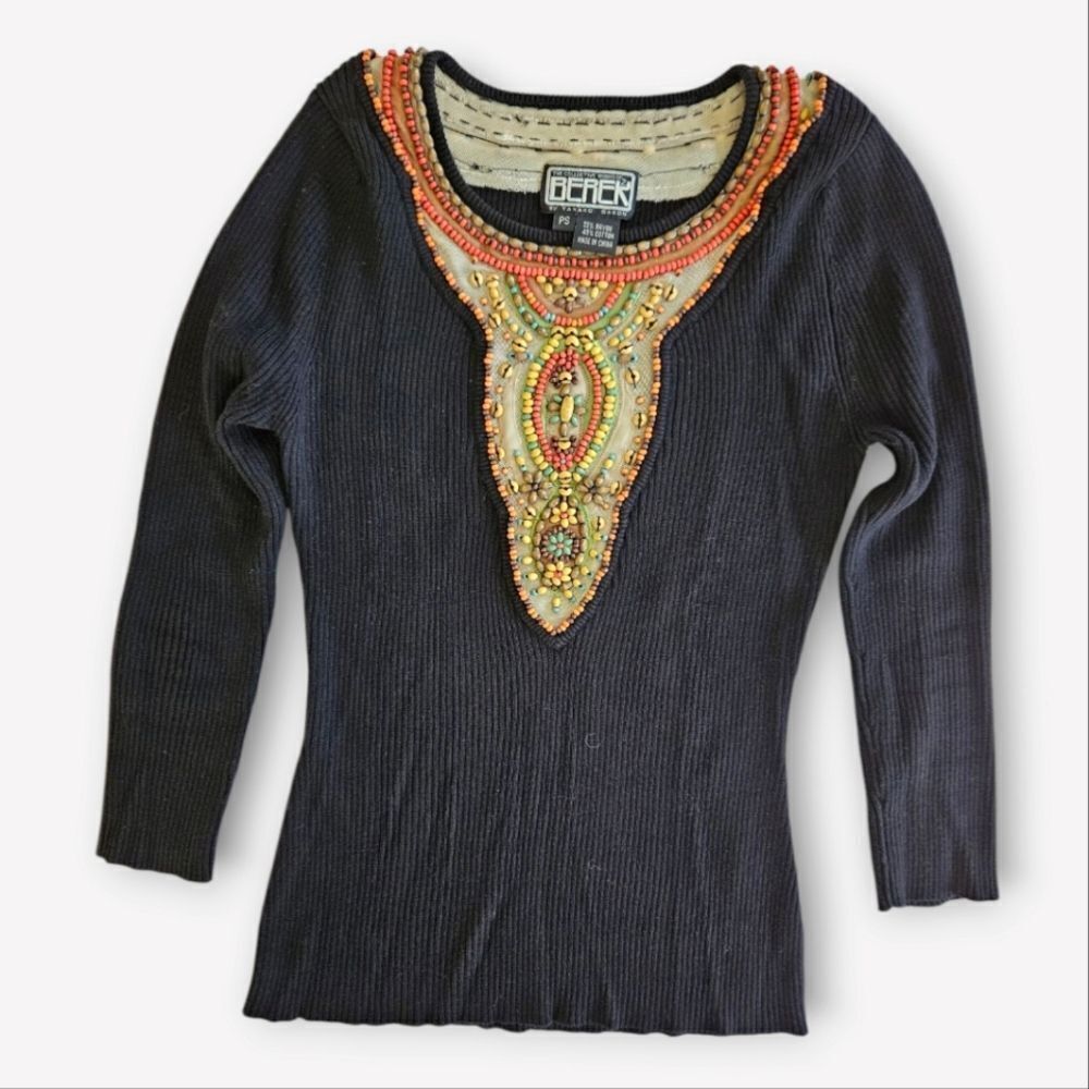 Vintage Berek Takako Sakon Hand Wood Beaded Artisan Ribbed Knit Top Sweater SP